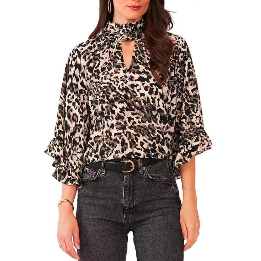 Vince Camuto Top Printed Mock-Neck Ruffle Sleeve Animal Print Size Large